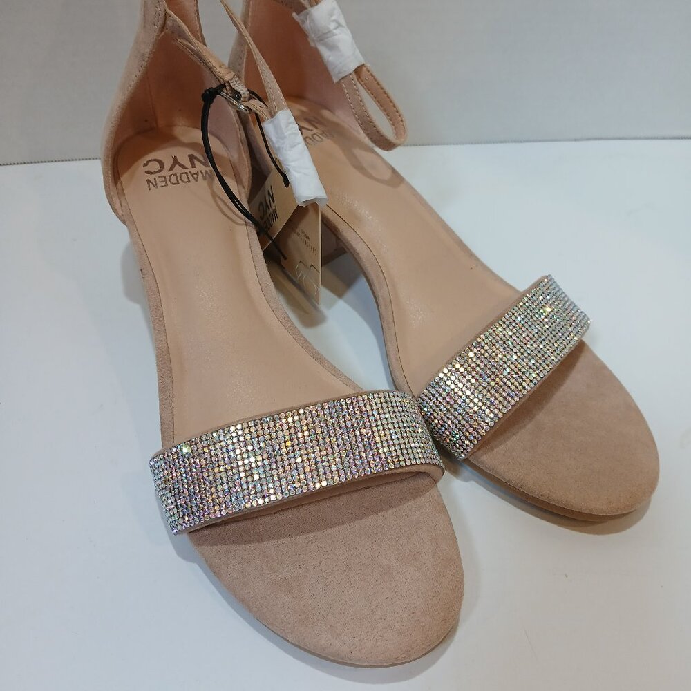 NWT Madden NYC Cream Suede and Rhinestone Low Block Heel Sandals
